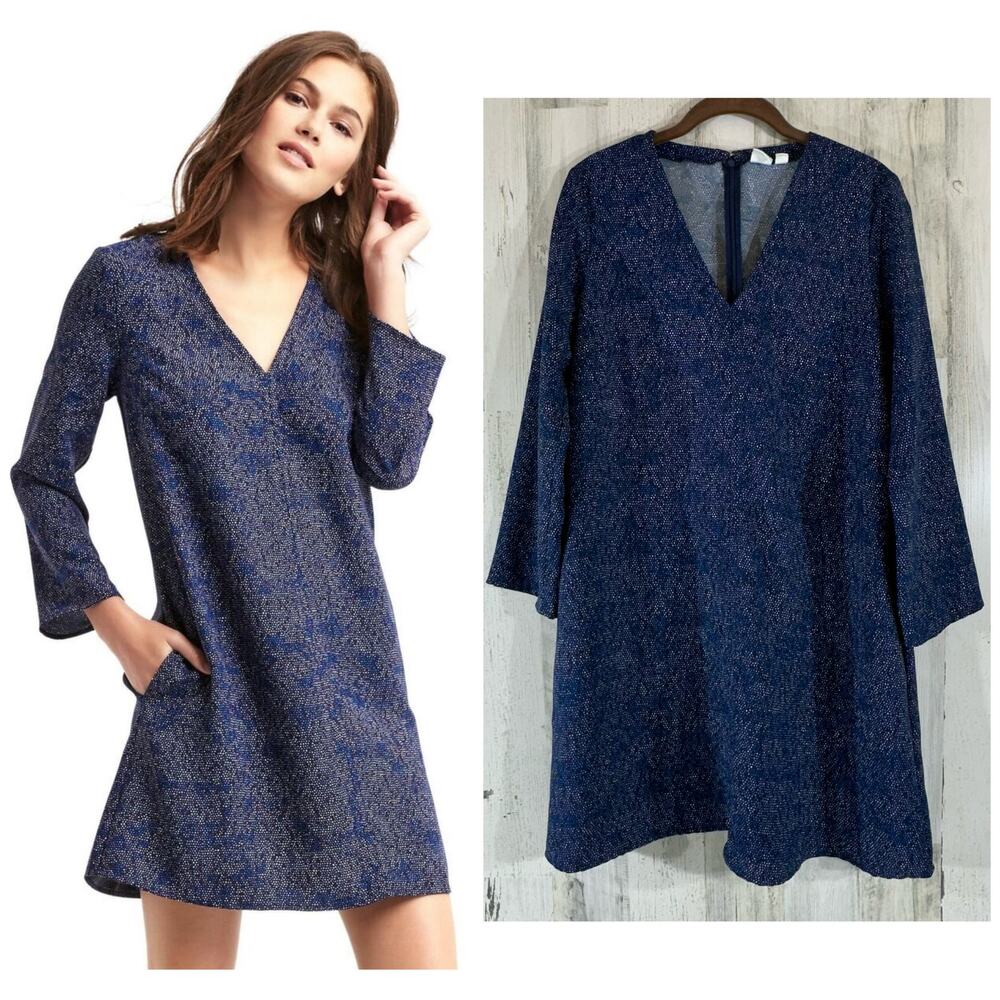 Gap Shift Dress‎ Size Medium Navy Blue Speckled V-Neck Pockets Mini Length